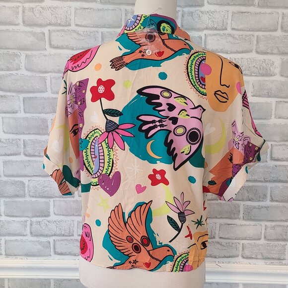 Sunburst Kiss Art to Wear All Over Print Top Blouse NEW L Dopamine Funky - Picture 2 of 7